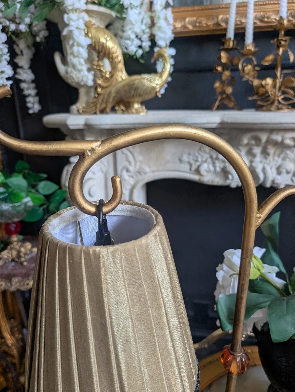 Vintage, set of 2,  Cast Metal Black/Gold bridge-style table lamp w/ Fringe